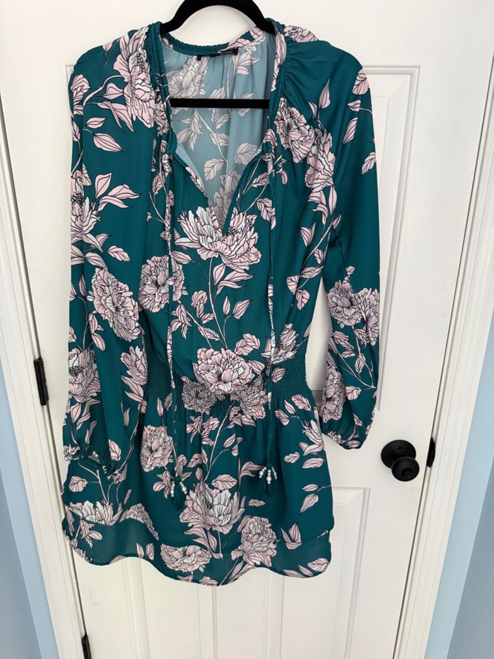 Boston Proper Teal Floral Midi Dress with Pink Blossoms